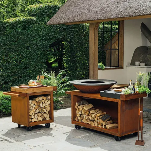 OFYR Island 100-100 Дровяной гриль-остров с керамической столешницей D100 с поленницей на колесах