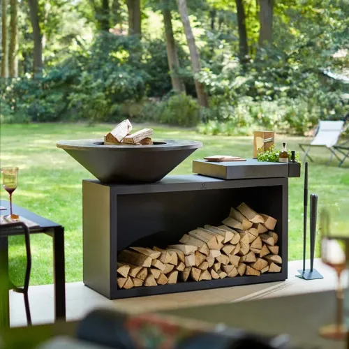 OFYR Island Дровяной гриль-остров черный с керамической столешницей D100 с поленницей