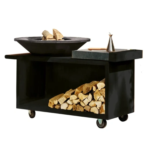 OFYR Island 100-100 Дровяной гриль-остров черный с керамической столешницей D100 с поленницей на колесах
